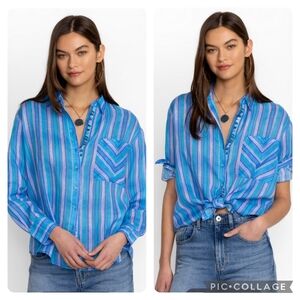 Johnny Was Workshop Oslo Striped Linen Blouse Button Down Up Front Shirt NWT XS